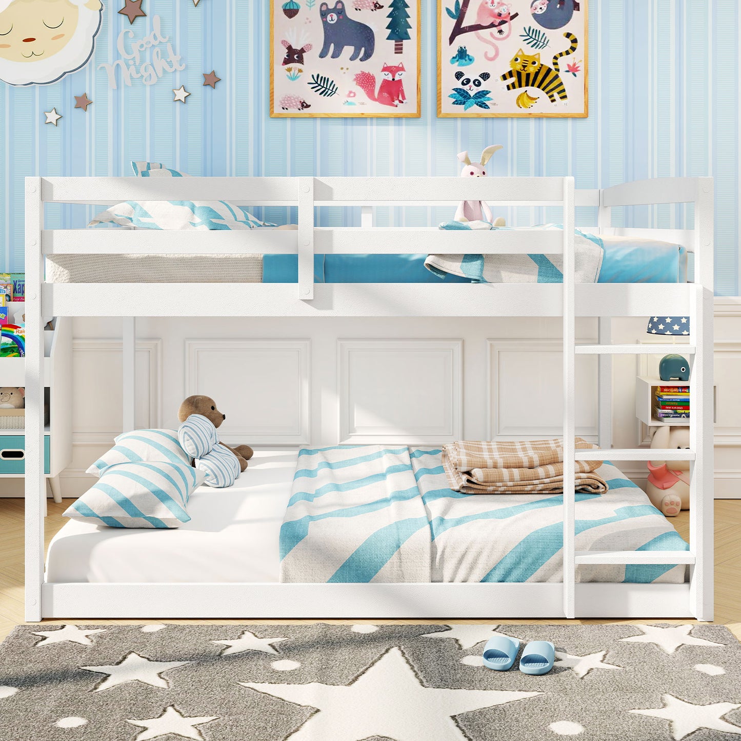 Full Over Full Bunk Bed Low-to-ground Bunk Bed-White
