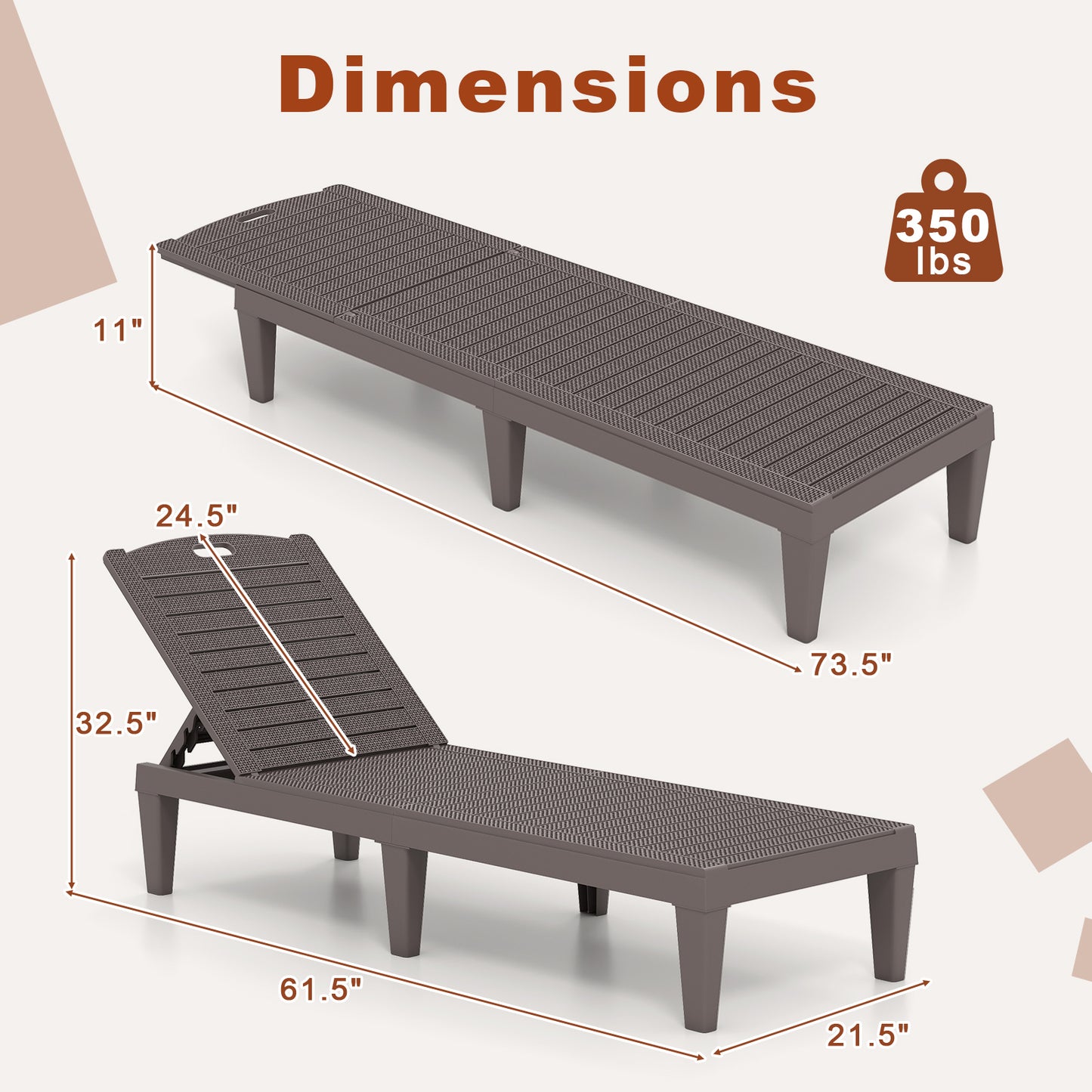 Outdoor PP Chaise Lounge Chairs Set of 2 with 4-Position Adjustable Backrests-Coffee