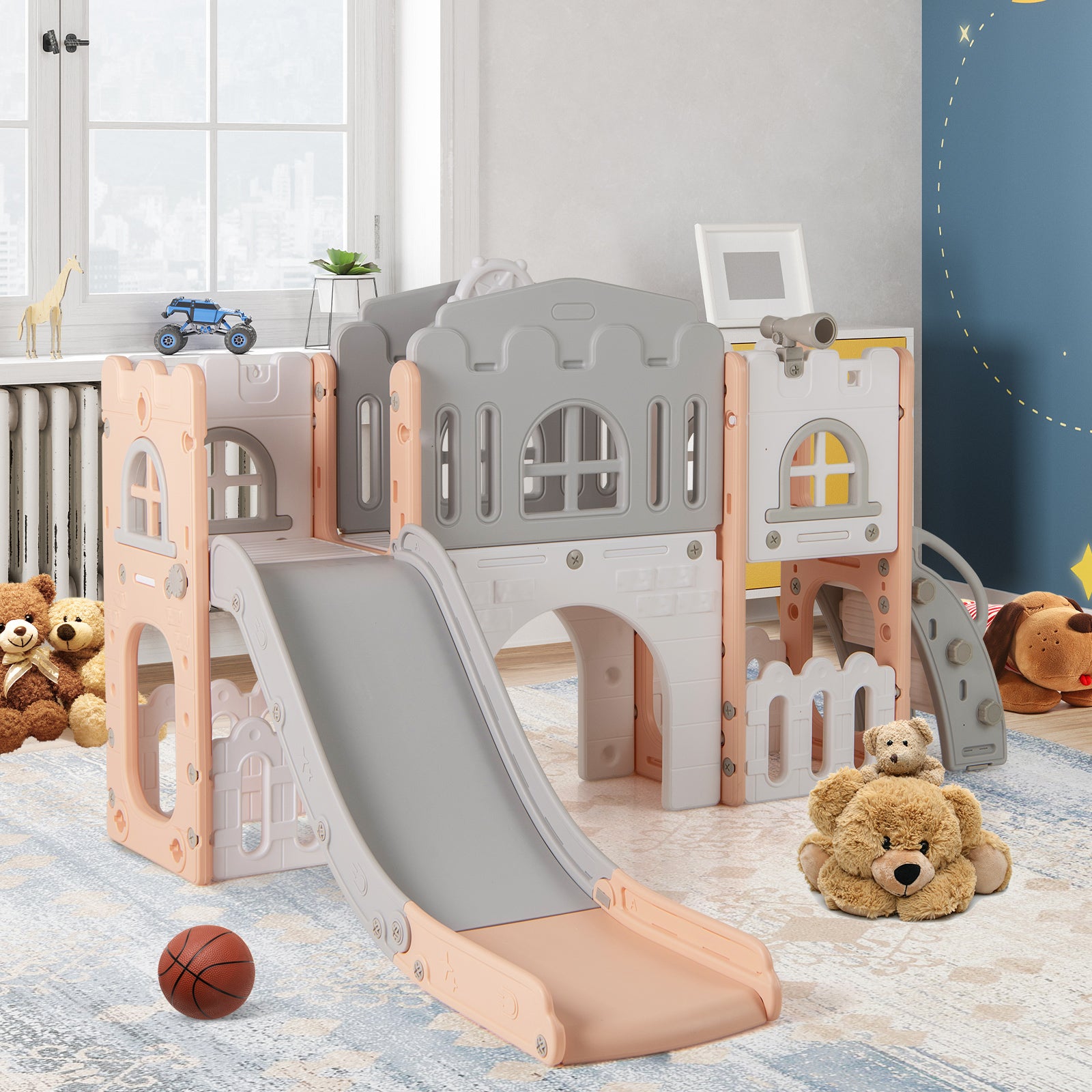 All-in-1 Toddler Slide Playset Playground with Tunnel and Ladder and Basketball-Pink