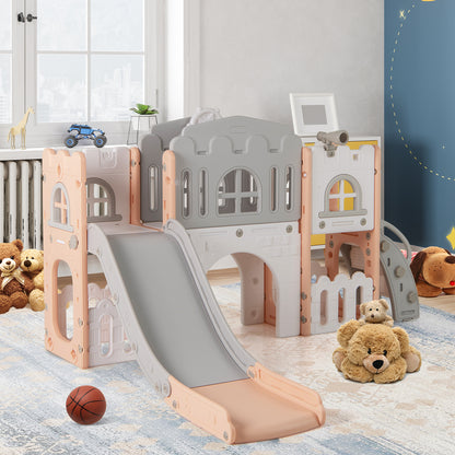 All-in-1 Toddler Slide Playset Playground with Tunnel and Ladder and Basketball-Pink