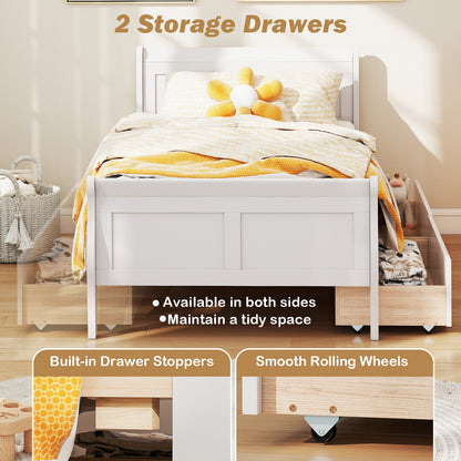 Twin Size Sleigh Bed with 2 Storage Drawers Wood Platform Bed Frame-White
