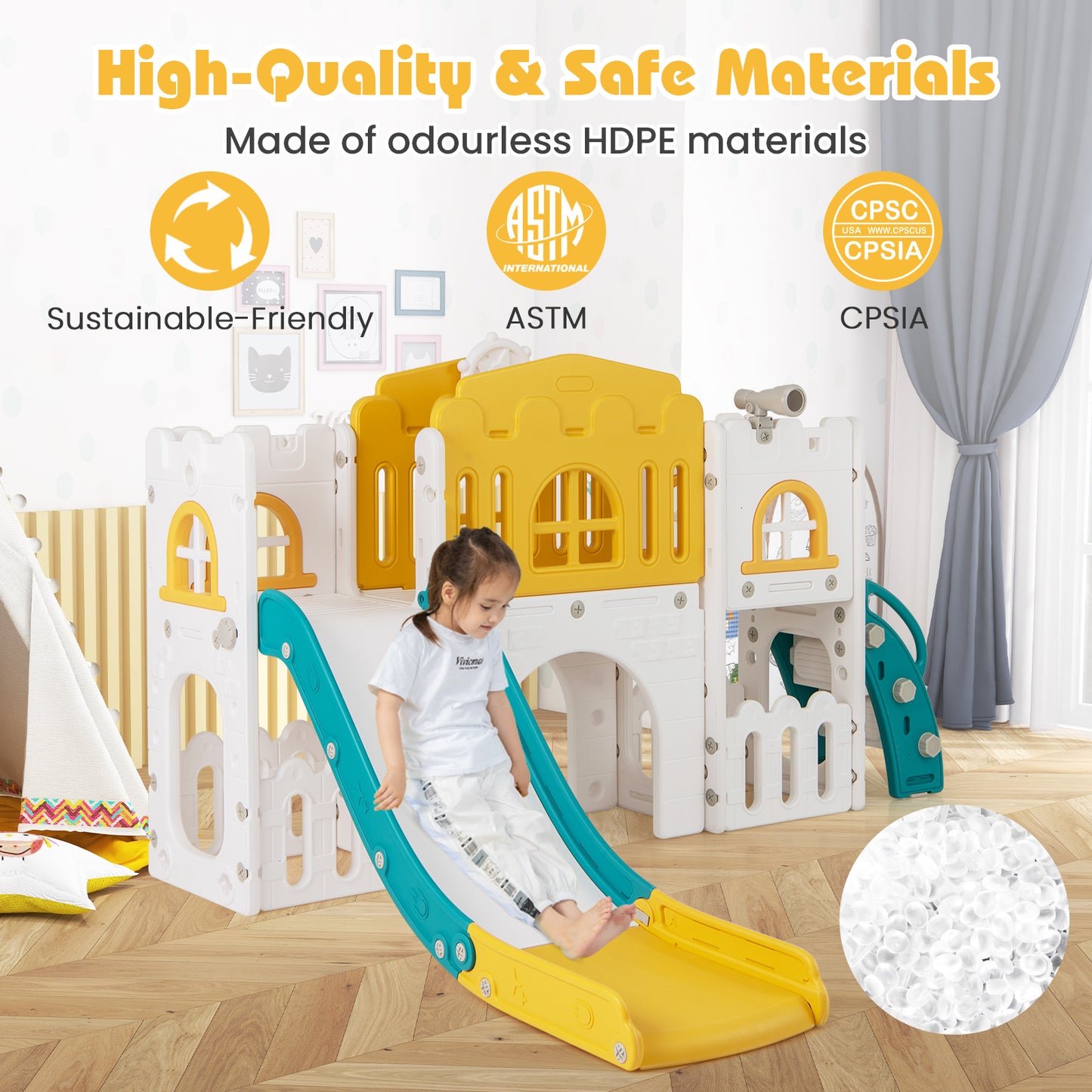 All-in-1 Toddler Slide Playset Playground with Tunnel and Ladder and Basketball-Yellow