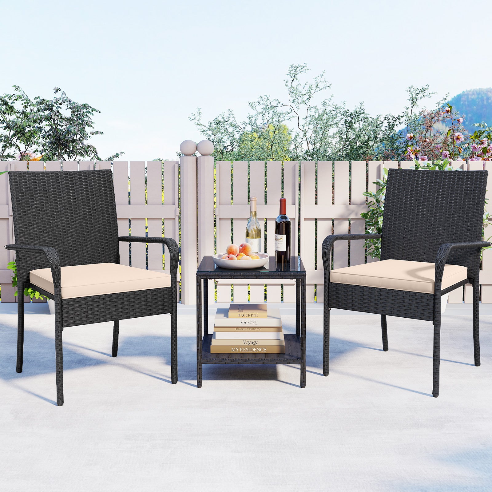 3 Piece Patio Furniture Set with Seat Cushions and Tempered Glass Tabletop-Beige