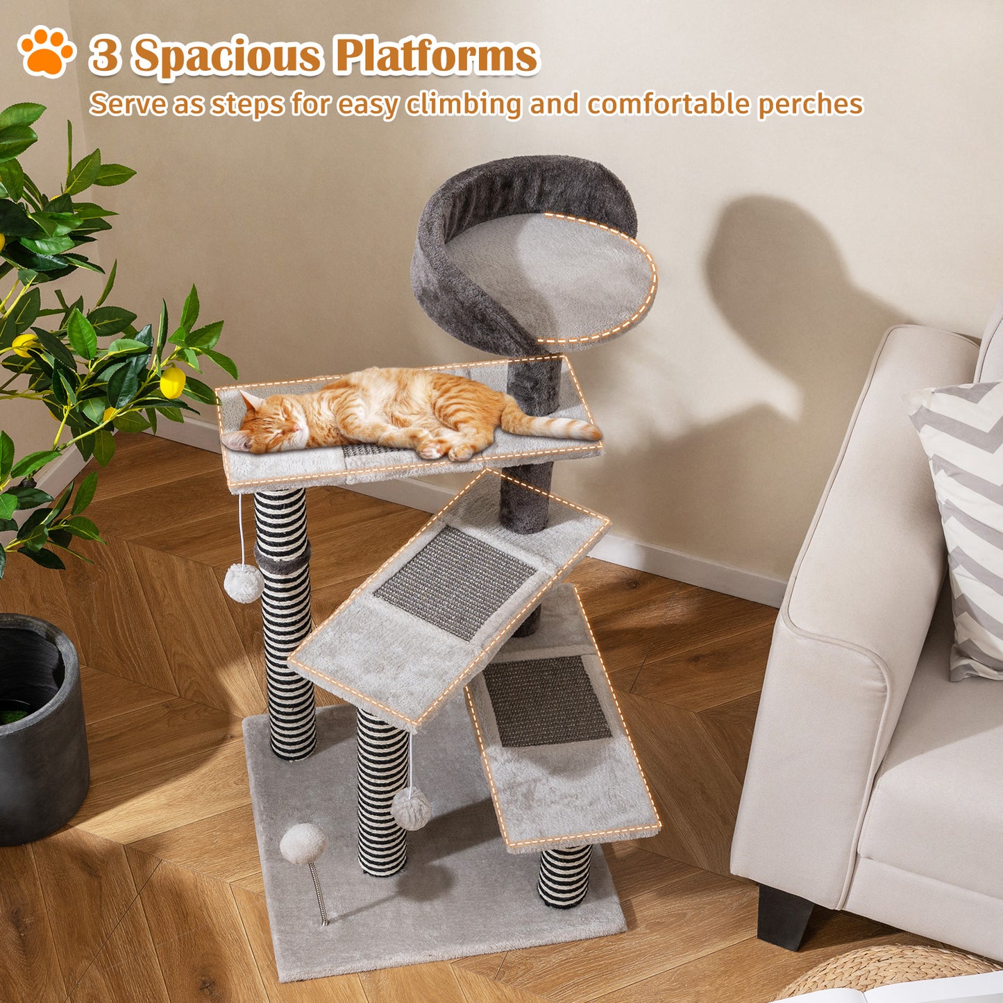 93 CM Tall Cat Tree Kitten Tower with Sisal and Jute Scratching Posts-Gray