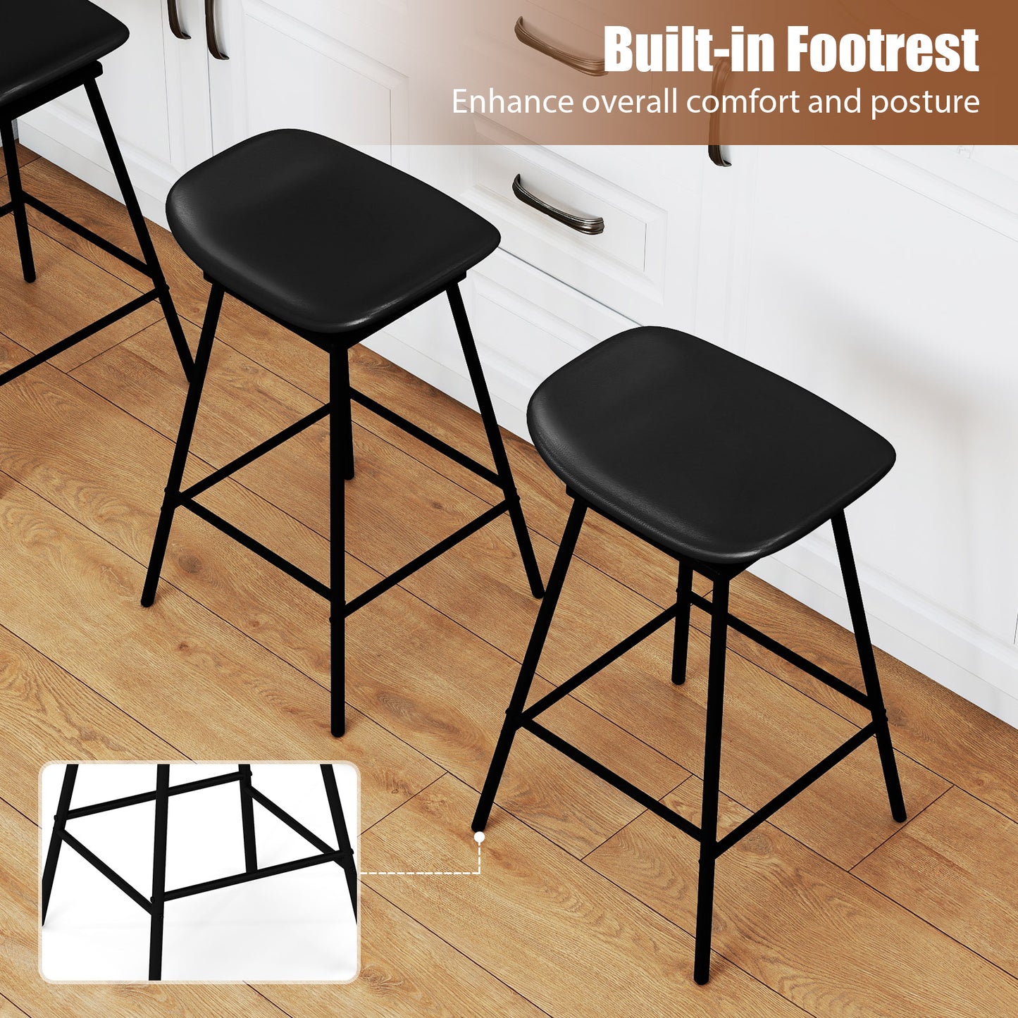 Set of 2 Swivel Barstools Faux Leather Upholstered Backless with Footrest-Black