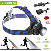 25000 LM Headlamp LED Tactical Headlight Zoomable Flashlight Torch w/Charges Camping