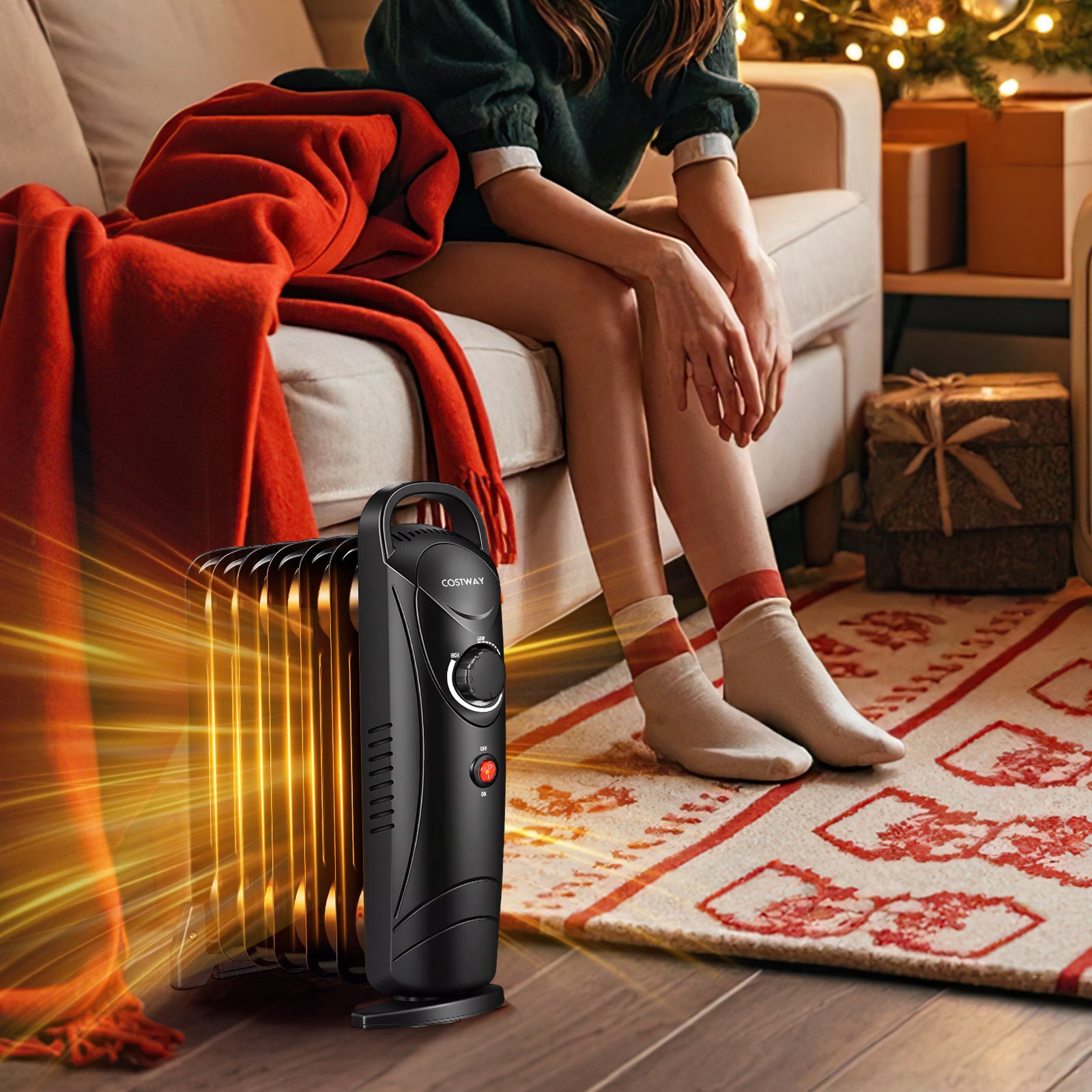 700W Electric Oil Filled Radiator Heater with Adjustable Thermostat-Black