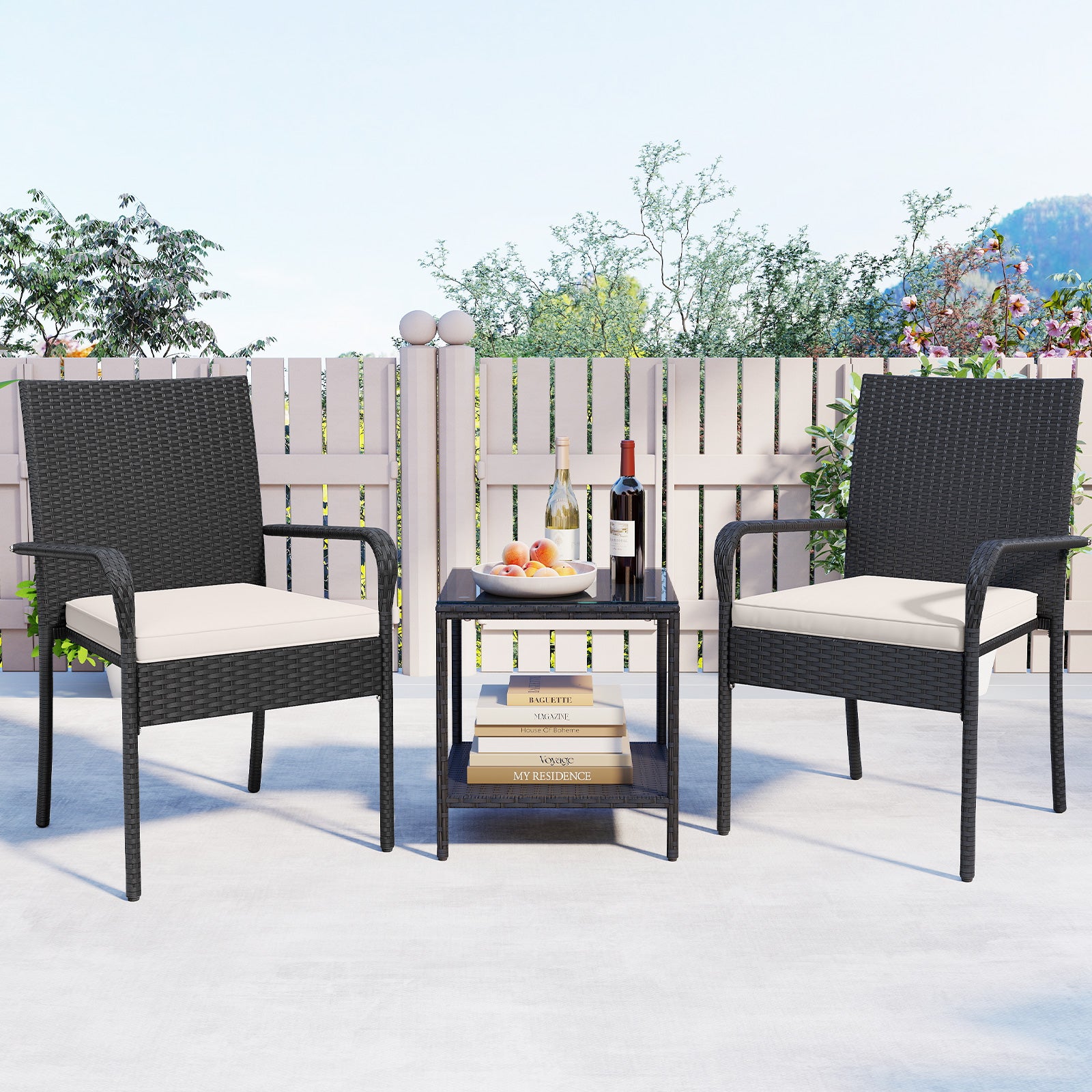 3 Piece Patio Furniture Set with Seat Cushions and Tempered Glass -White