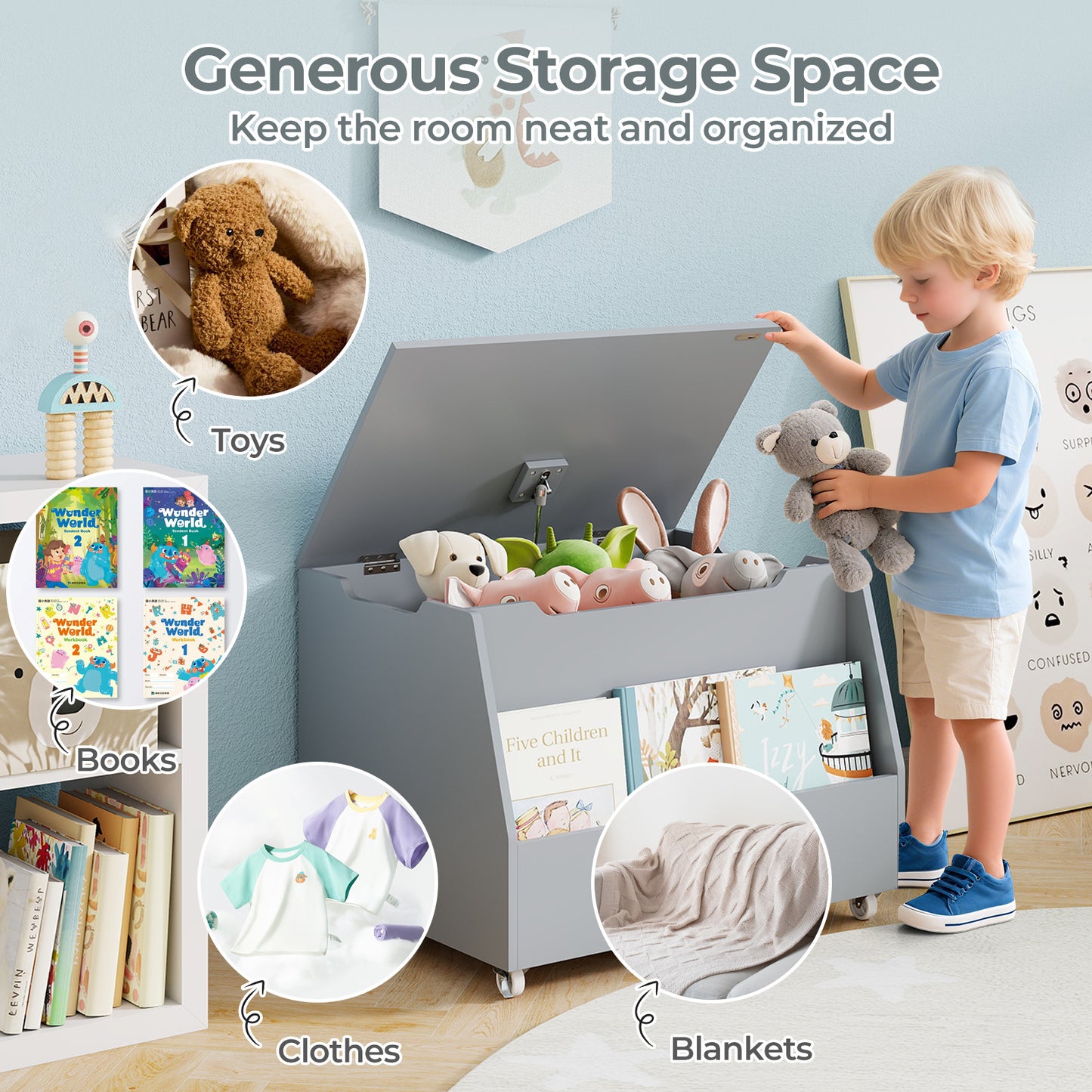 Wooden Mobile Toy Storage Organizer with Bookshelf and Lockable Wheels-Gray