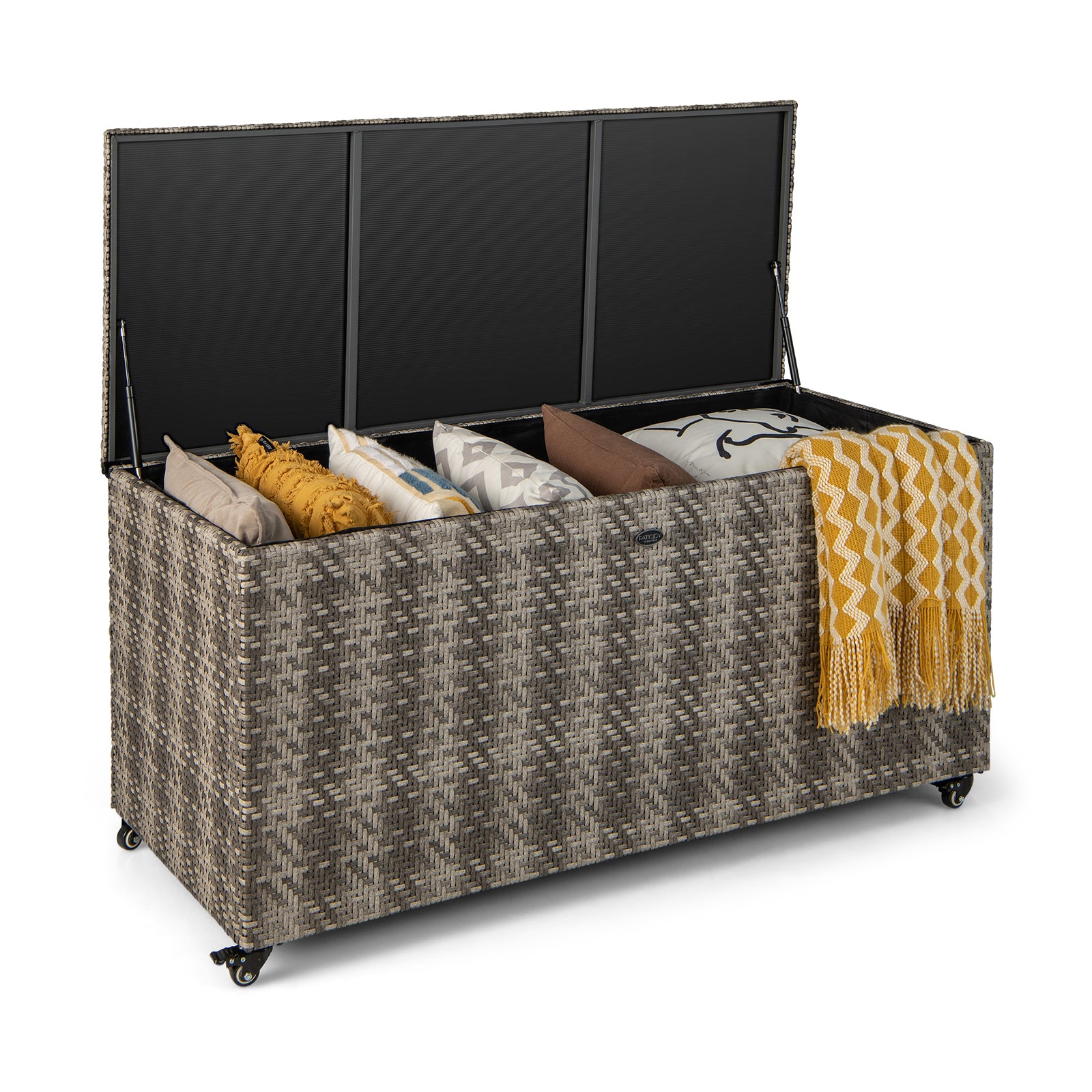 96 Gallon PE Wicker Outdoor Storage Box with 4 Wheels-Brown - Gray