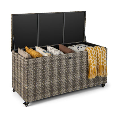 96 Gallon PE Wicker Outdoor Storage Box with 4 Wheels-Brown - Gray