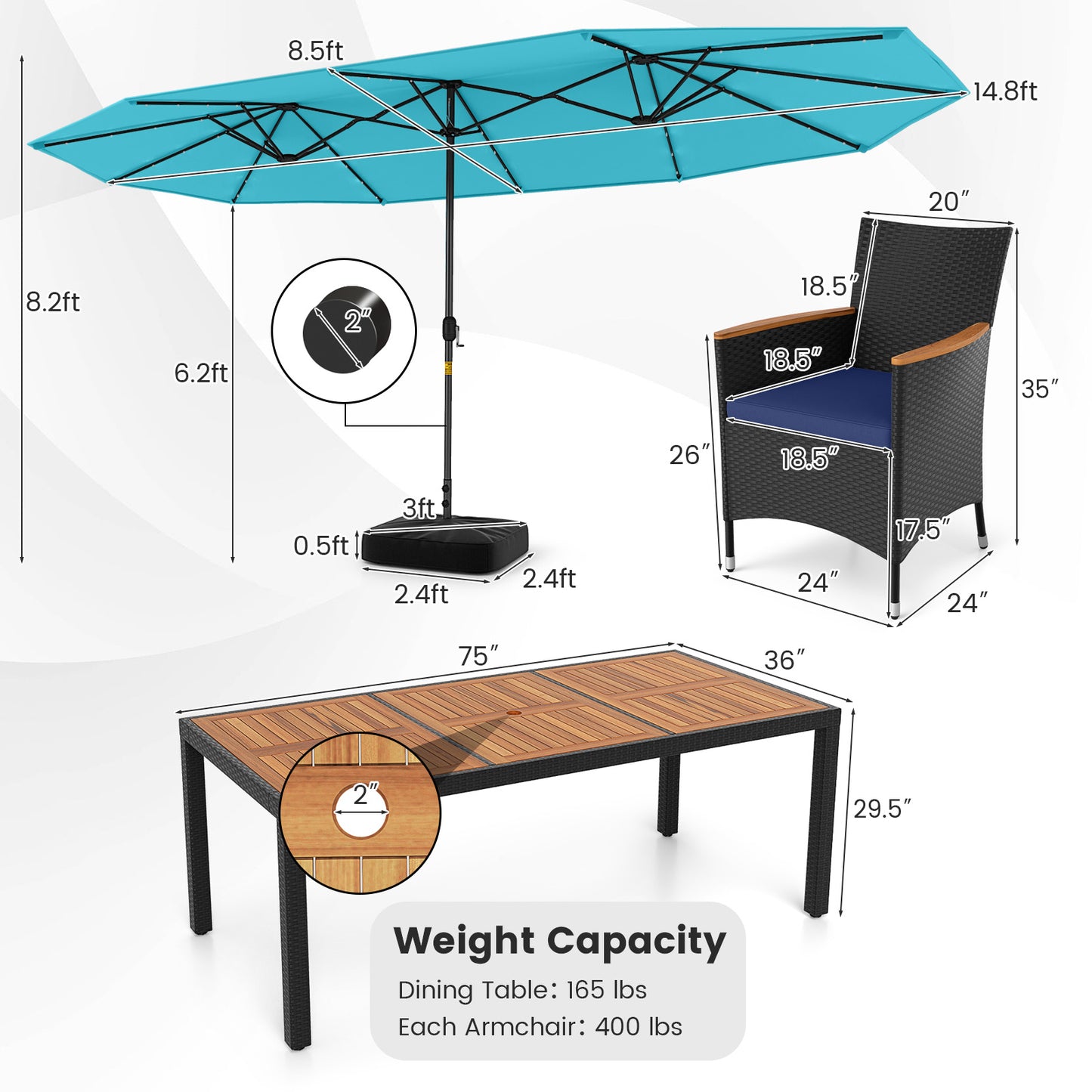 11 Pieces Patio Dining Set with LED Patio Umbrella with Base and Seat Cushions (Navy)-Turquoise