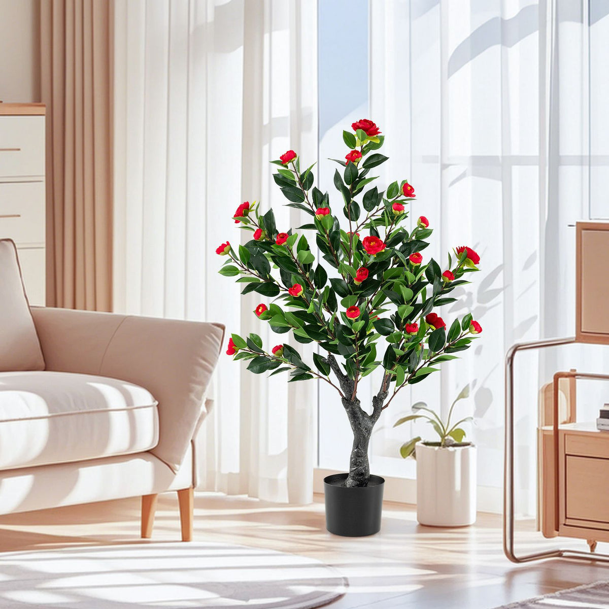 Artificial Camellia Tree Set of 2 Faux Flower Plant with 36 Red Blossom Fabric Flower-Red
