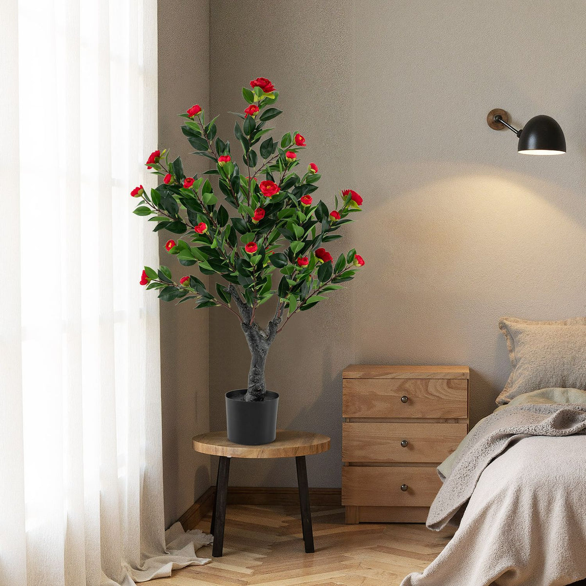 Artificial Camellia Tree Set of 2 Faux Flower Plant with 36 Red Blossom Fabric Flower-Red