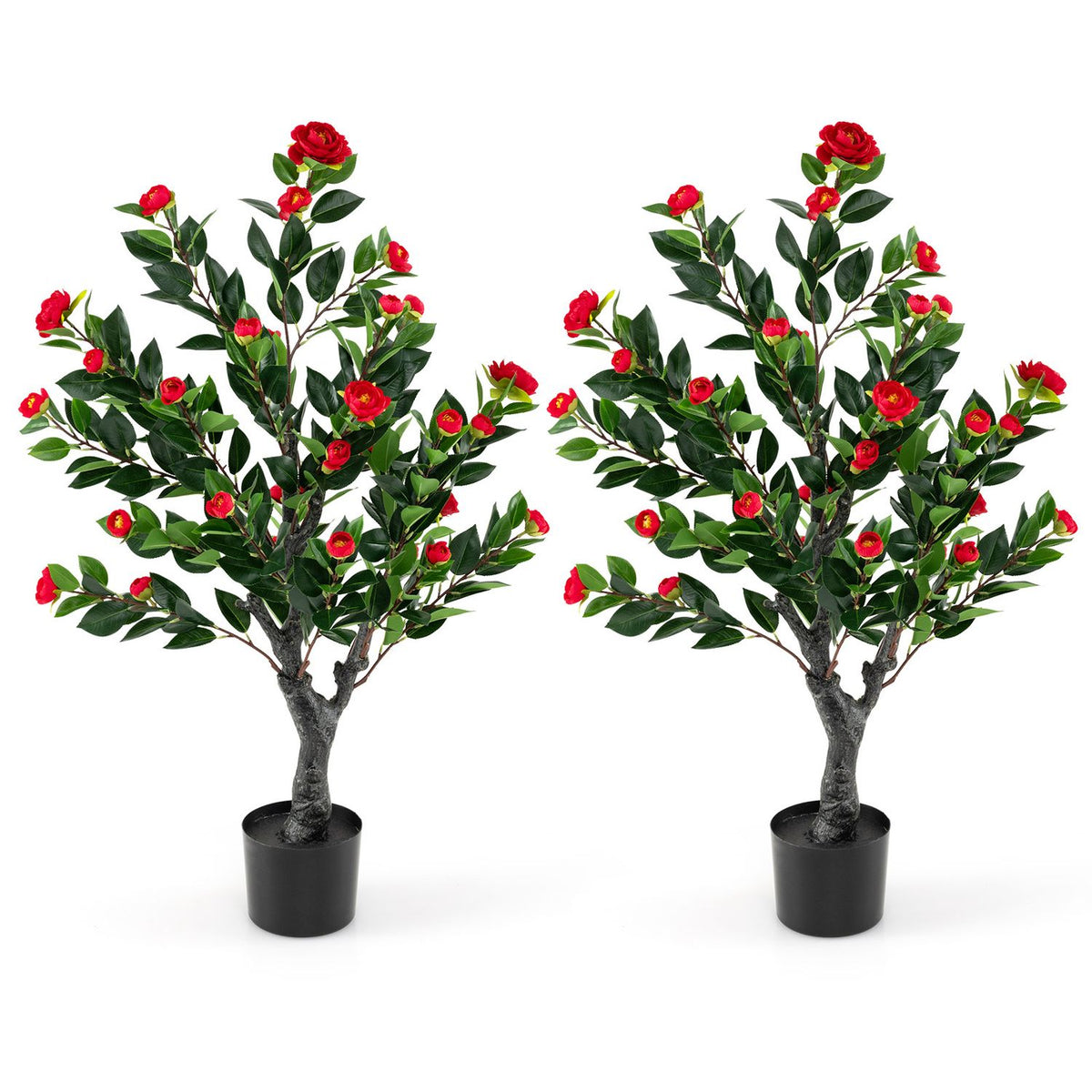 Artificial Camellia Tree Set of 2 Faux Flower Plant with 36 Red Blossom Fabric Flower-Red