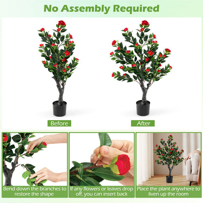 Artificial Camellia Tree Set of 2 Faux Flower Plant with 36 Red Blossom Fabric Flower-Red