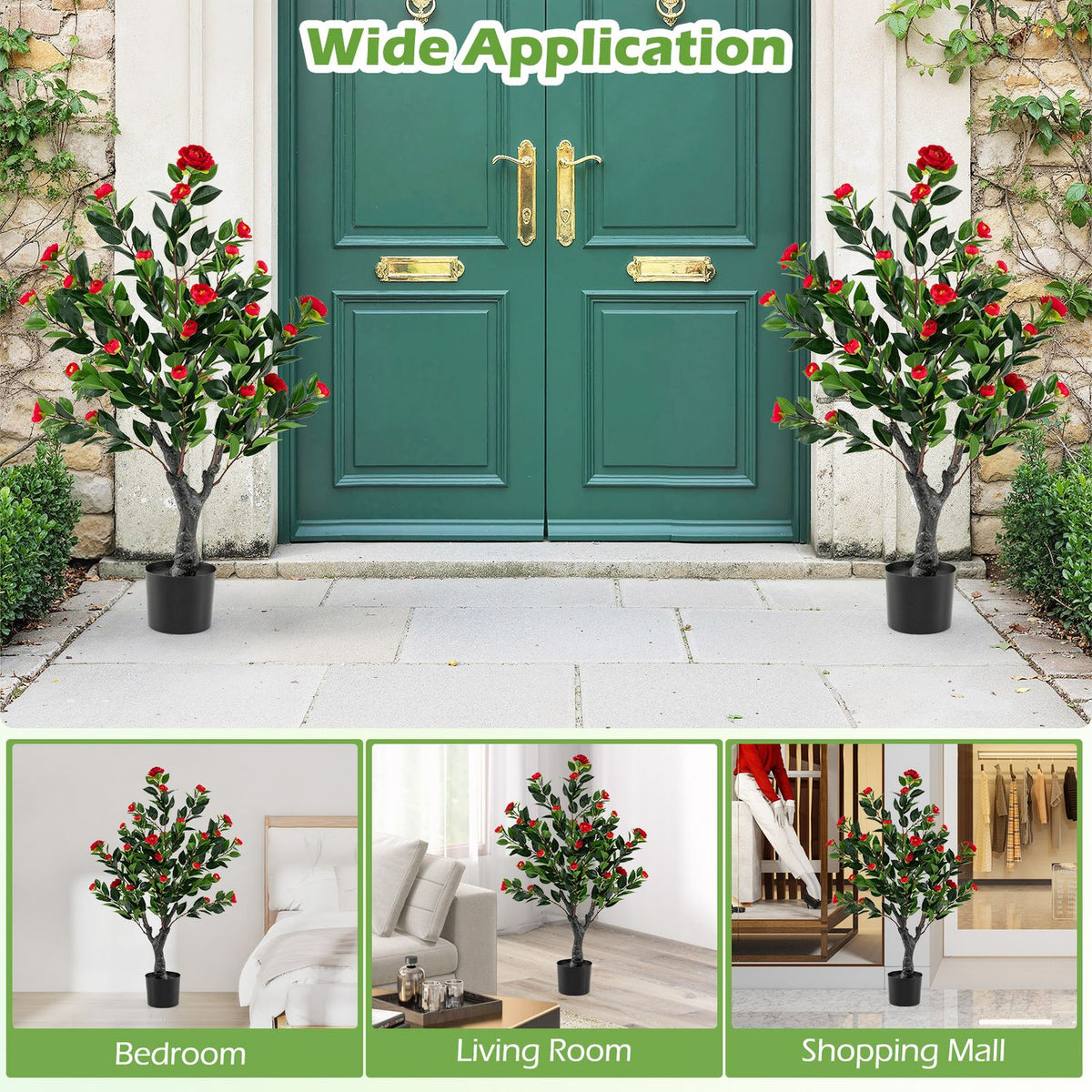 Artificial Camellia Tree Set of 2 Faux Flower Plant with 36 Red Blossom Fabric Flower-Red