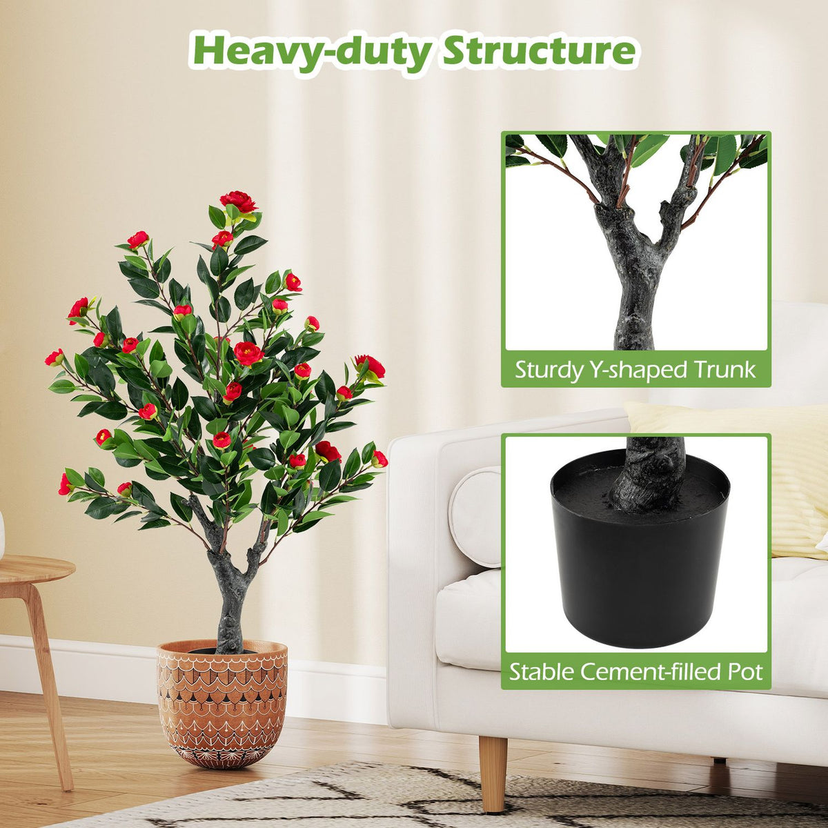 Artificial Camellia Tree Set of 2 Faux Flower Plant with 36 Red Blossom Fabric Flower-Red