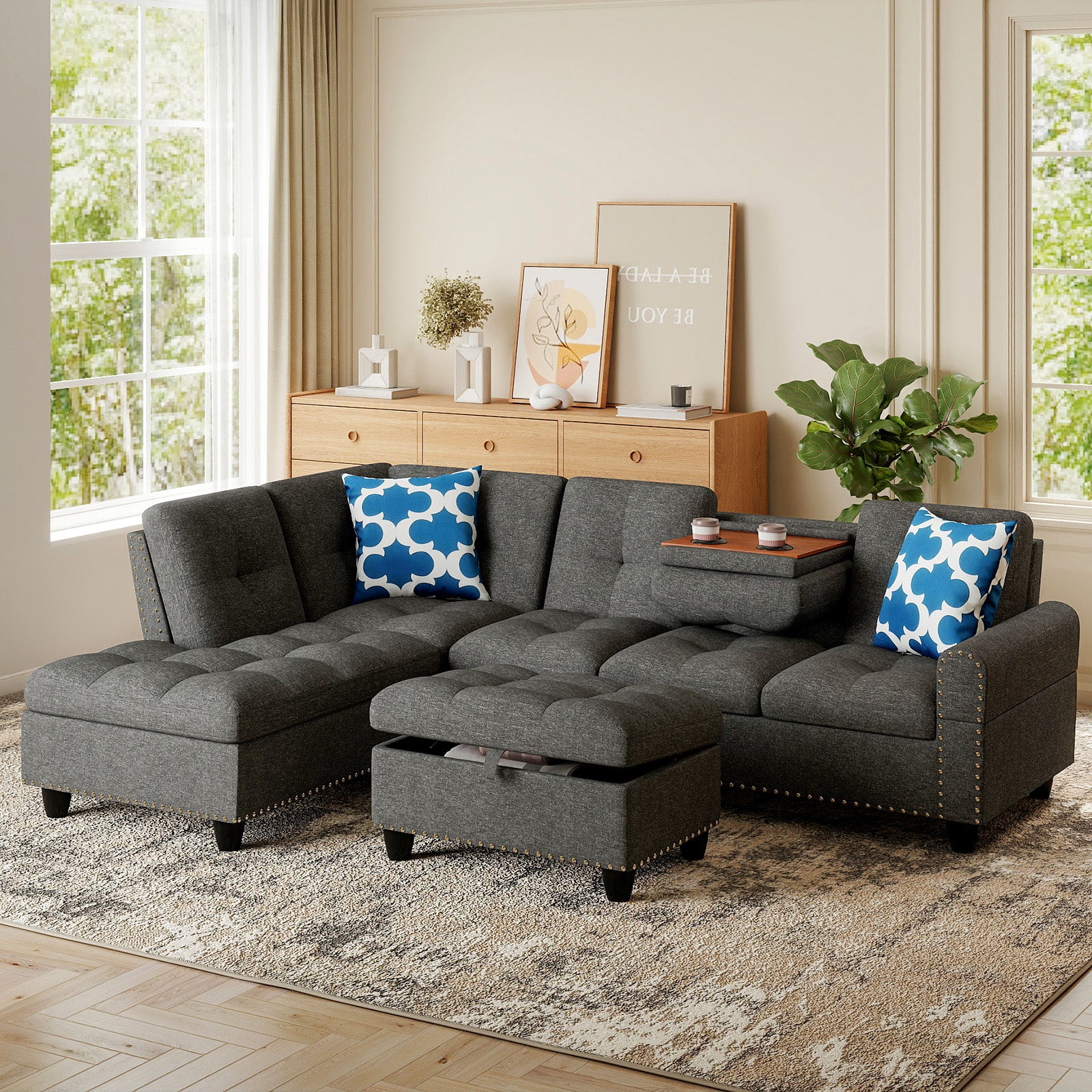 98 Inches Sectional Sofa Couch with Movable Storage Ottoman and Linen Fabric Backs-DG