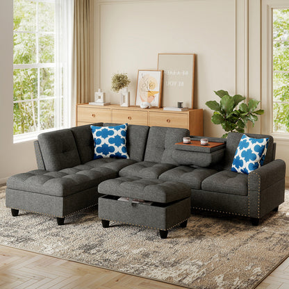 98 Inches Sectional Sofa Couch with Movable Storage Ottoman and Linen Fabric Backs-DG