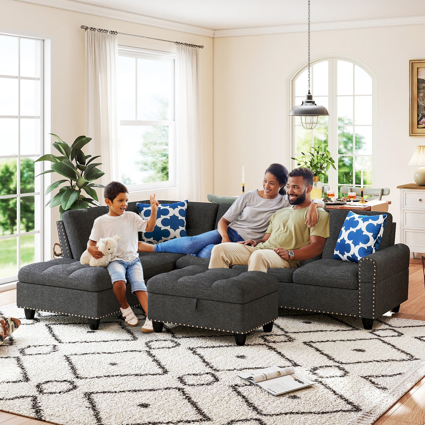 98 Inches Sectional Sofa Couch with Movable Storage Ottoman and Linen Fabric Backs-DG