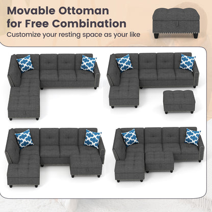 98 Inches Sectional Sofa Couch with Movable Storage Ottoman and Linen Fabric Backs-DG