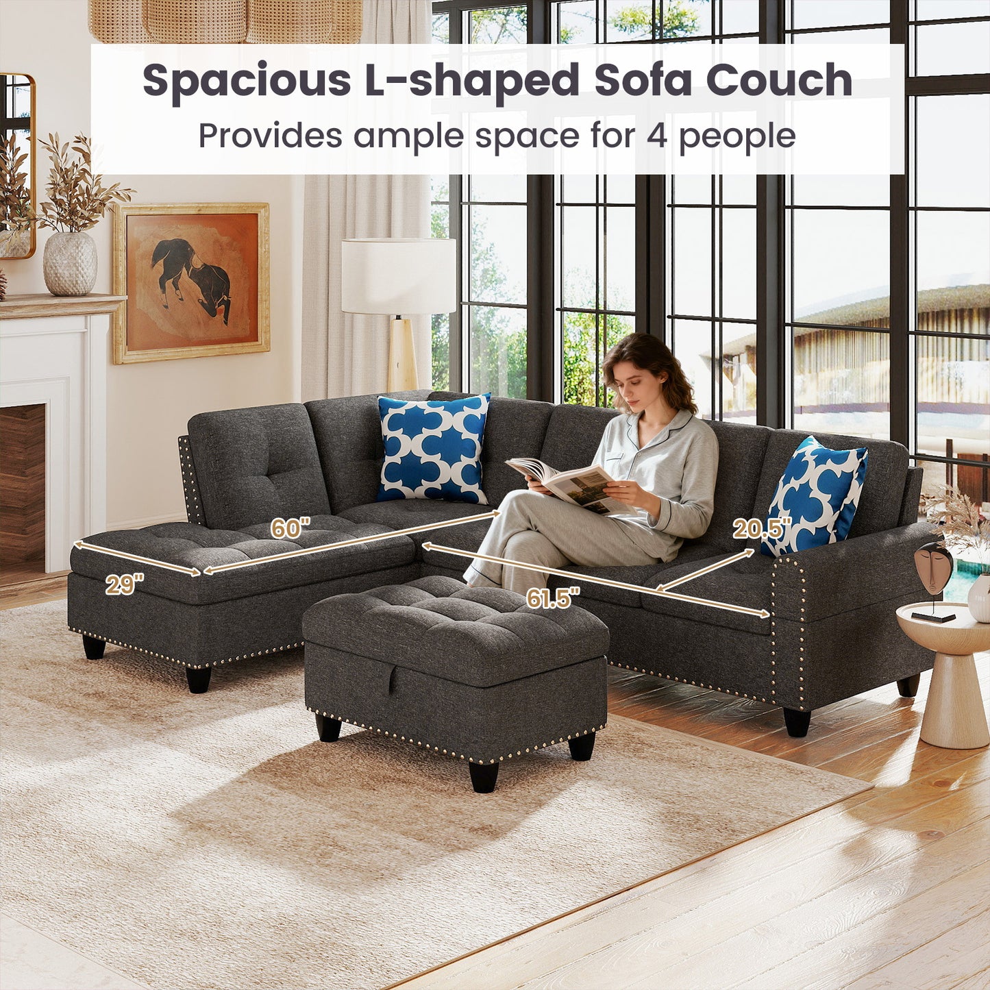 98 Inches Sectional Sofa Couch with Movable Storage Ottoman and Linen Fabric Backs-DG