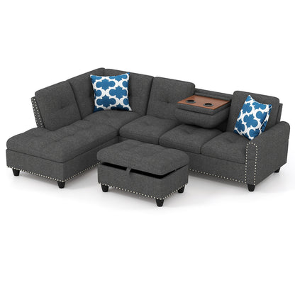 98 Inches Sectional Sofa Couch with Movable Storage Ottoman and Linen Fabric Backs-DG