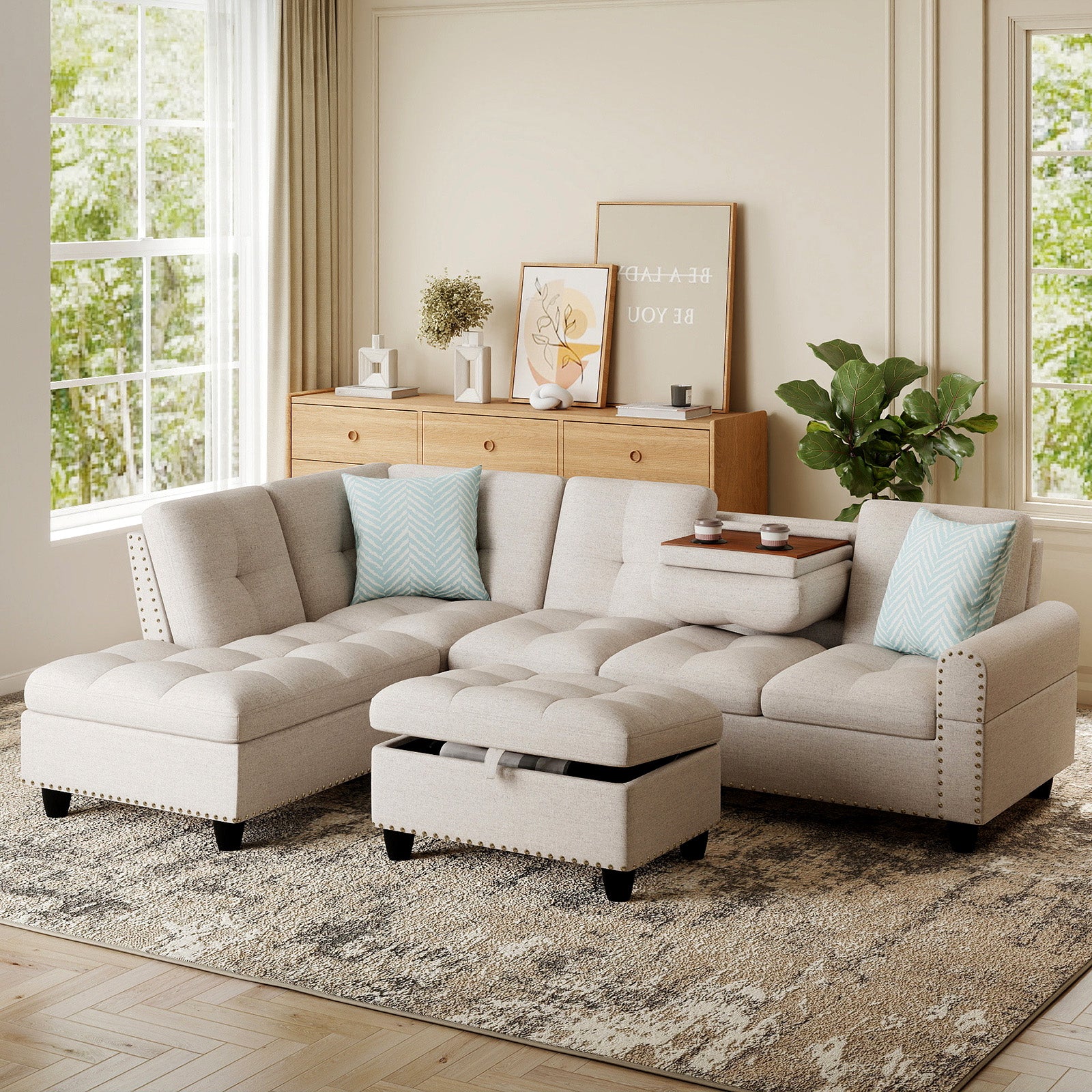98 Inches Sectional Sofa Couch with Movable Storage Ottoman and Linen Fabric Backs-LR