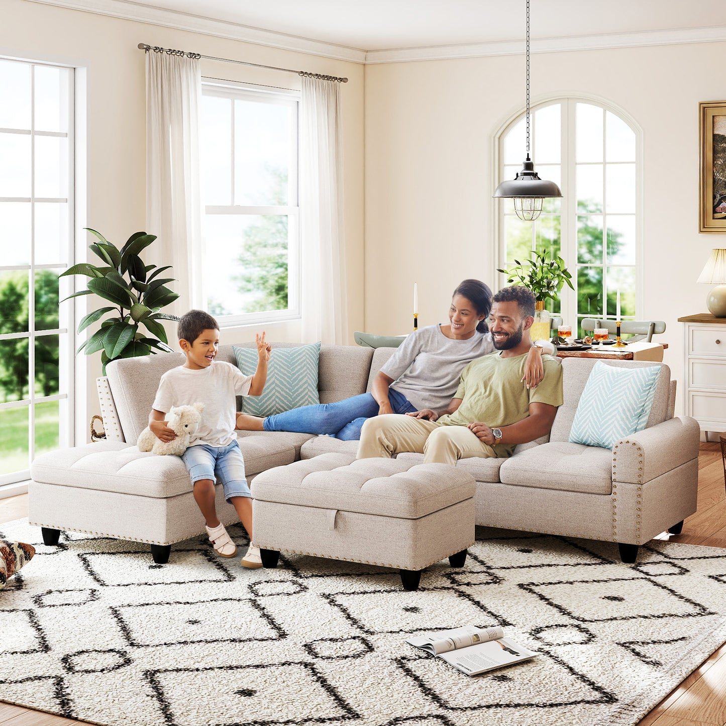 98 Inches Sectional Sofa Couch with Movable Storage Ottoman and Linen Fabric Backs-LR