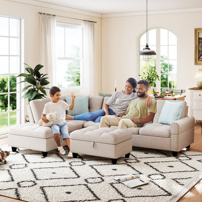 98 Inches Sectional Sofa Couch with Movable Storage Ottoman and Linen Fabric Backs-LR