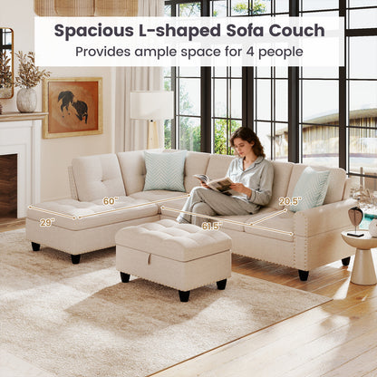 98 Inches Sectional Sofa Couch with Movable Storage Ottoman and Linen Fabric Backs-LR
