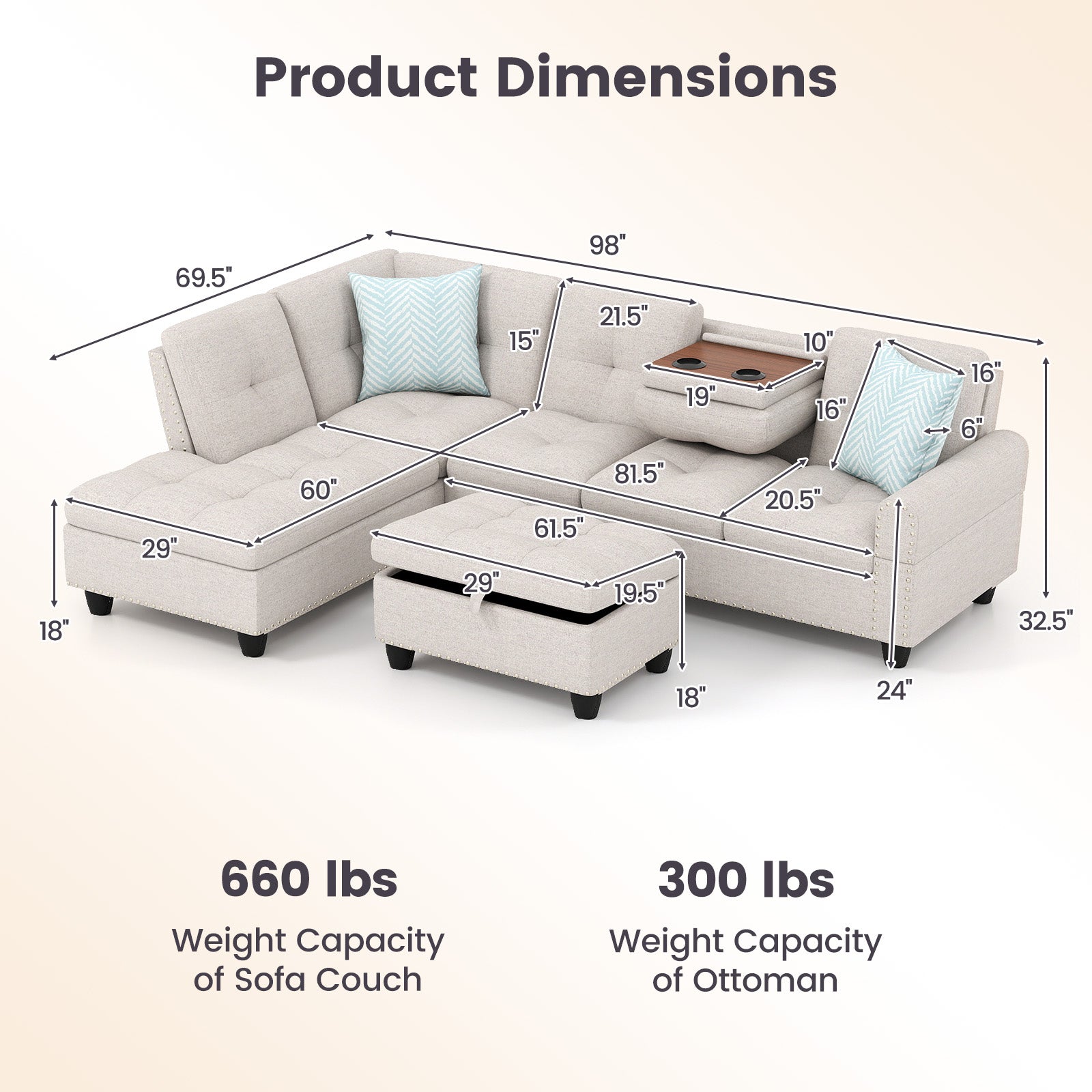 98 Inches Sectional Sofa Couch with Movable Storage Ottoman and Linen Fabric Backs-LR