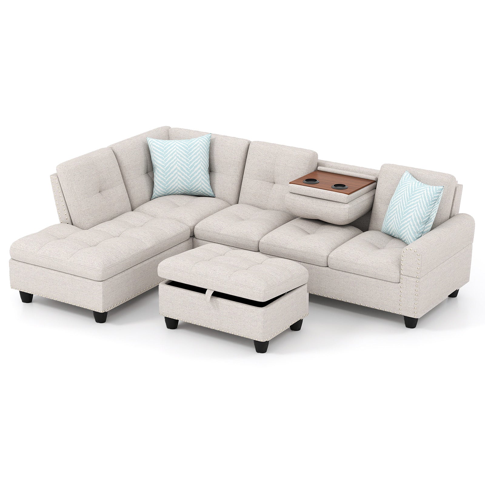 98 Inches Sectional Sofa Couch with Movable Storage Ottoman and Linen Fabric Backs-LR