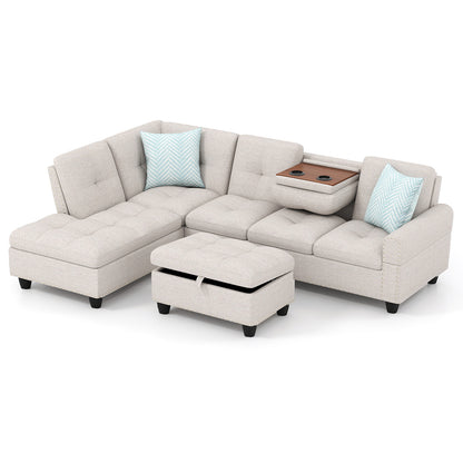 98 Inches Sectional Sofa Couch with Movable Storage Ottoman and Linen Fabric Backs-LR