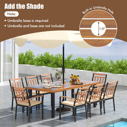 9 Pieces Patio Dining Set 39.5 Inch Acacia Wood Table with Umbrella Hole and 24-Inch Wide Chairs