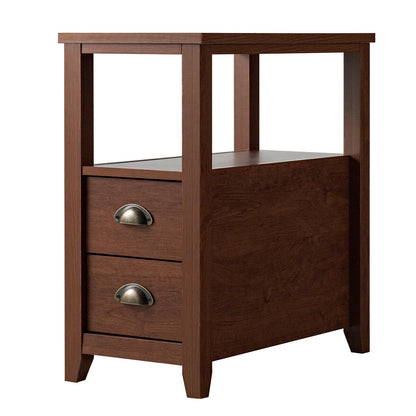 End Table Wooden with 2 Drawers and Shelf Bedside Table-Brown