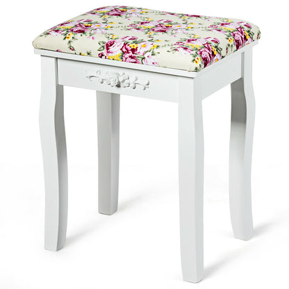 Vanity Wood Dressing Stool Padded Piano Seat with Rose Cushion-White