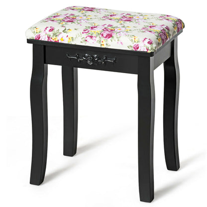 Vanity Wood Dressing Stool Padded Piano Seat with Rose Cushion-Black