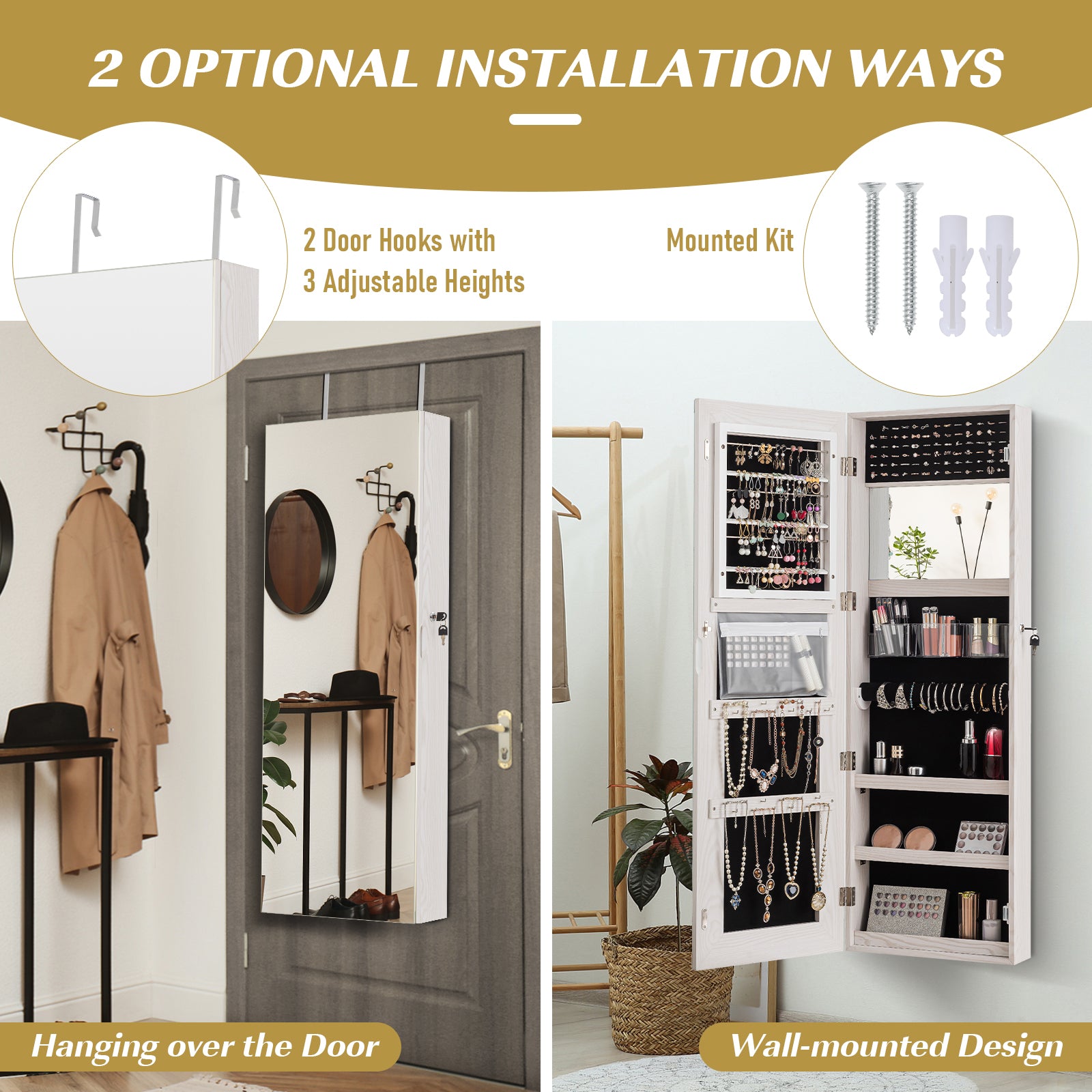 Lockable Storage Jewelry Cabinet with Frameless Mirror-White