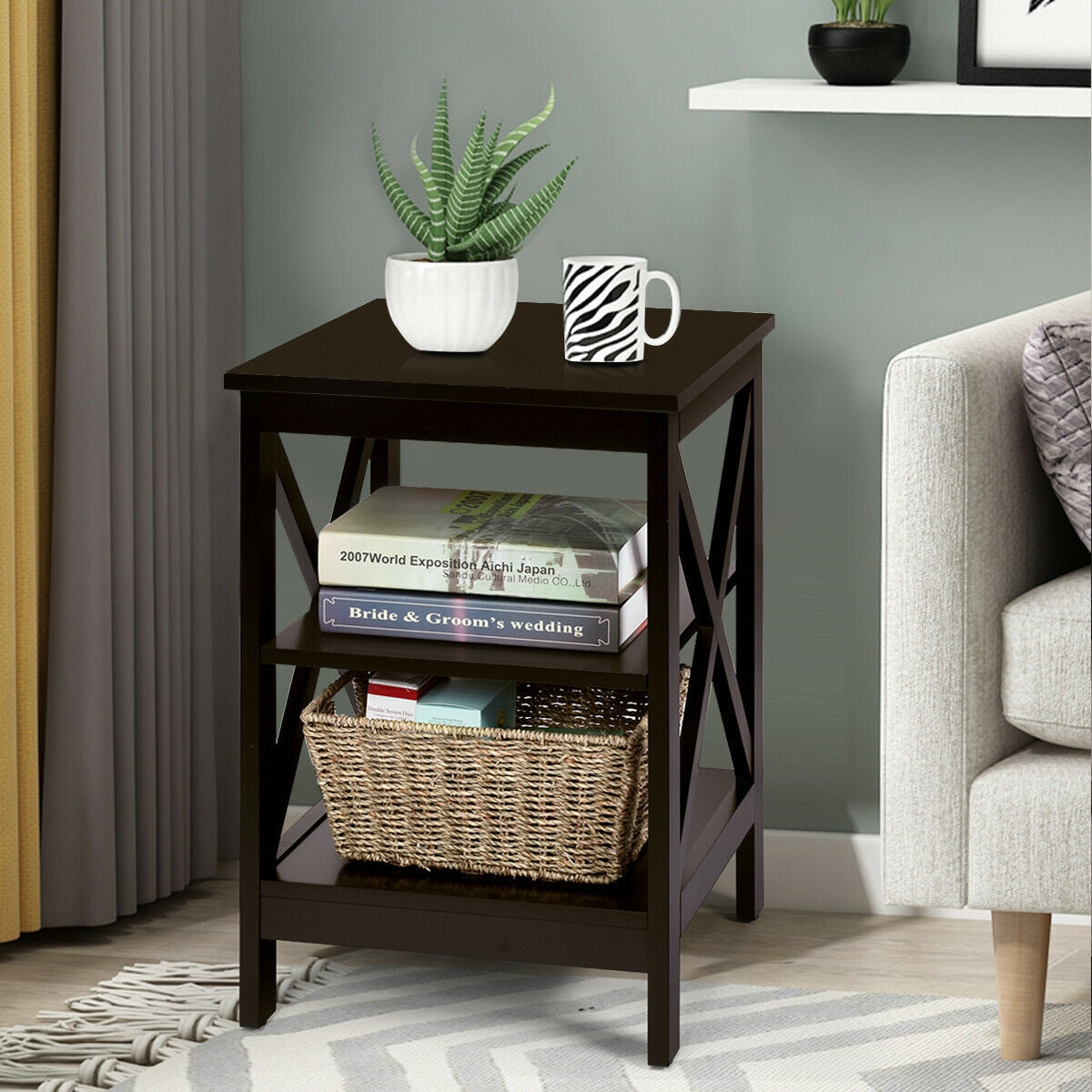 3-Tier Nightstand End Table with X Design Storage -Dark Brown