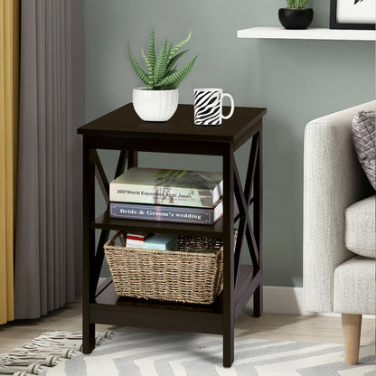 3-Tier Nightstand End Table with X Design Storage -Dark Brown