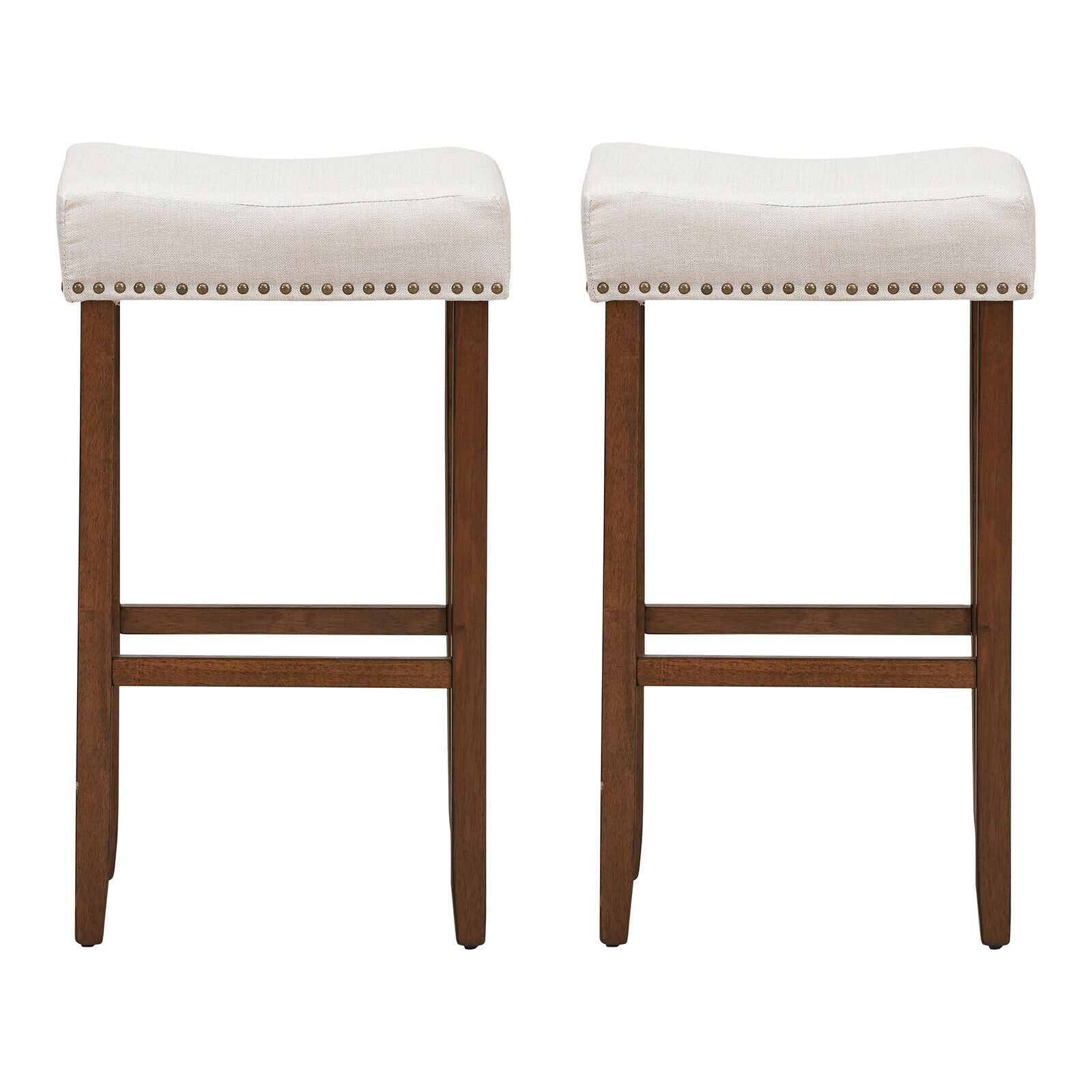 Set of 2 Nailhead Saddle Bar Stools 29 Inch Height-Beige