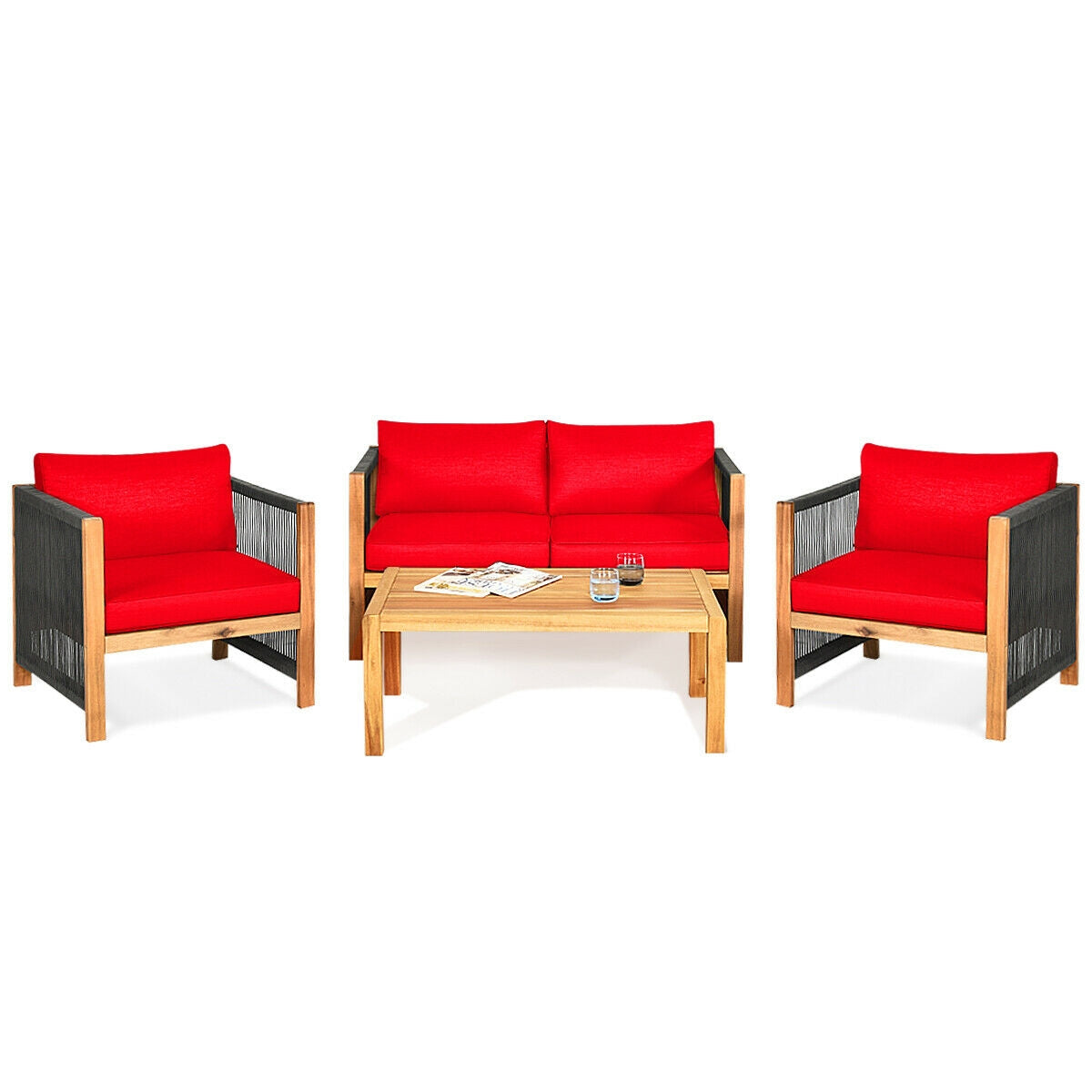 4 Pieces Acacia Wood Outdoor Patio Furniture Set with Cushions-Gray - Red