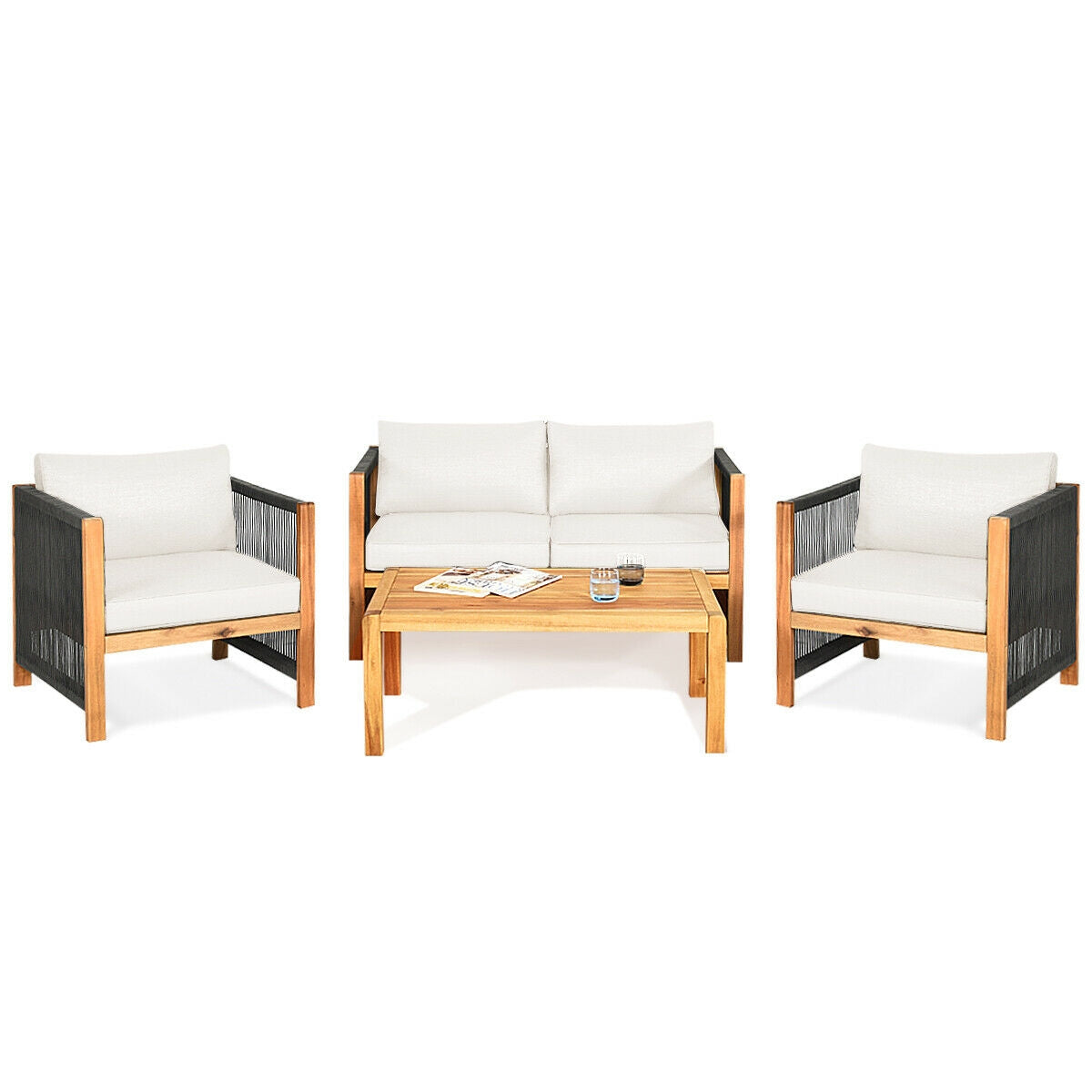 4 Pieces Acacia Wood Outdoor Patio Furniture Set with Cushions-Gray - White