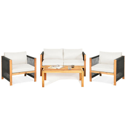 4 Pieces Acacia Wood Outdoor Patio Furniture Set with Cushions-Gray - White