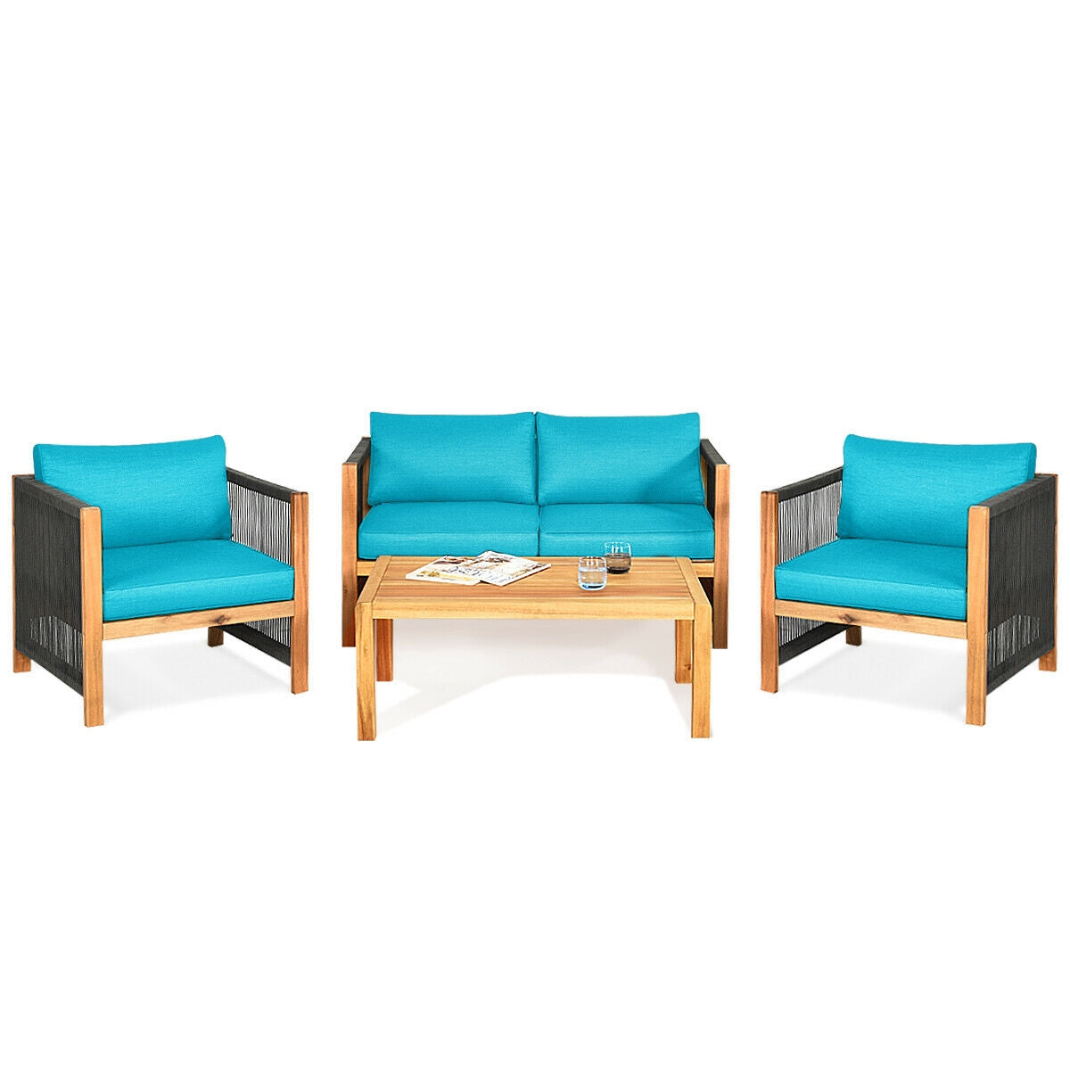 4 Pieces Acacia Wood Outdoor Patio Furniture Set with Cushions-Gray - Turquoise
