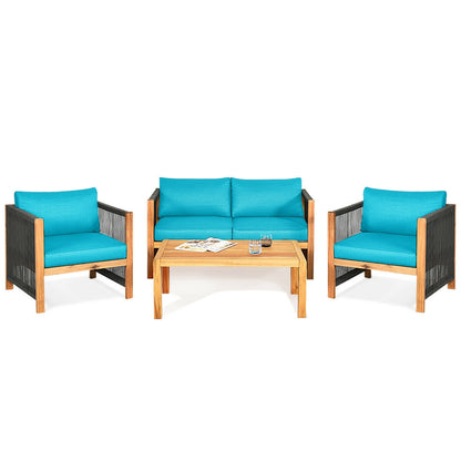 4 Pieces Acacia Wood Outdoor Patio Furniture Set with Cushions-Gray - Turquoise