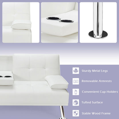 Convertible Folding Leather Futon Sofa with Cup Holders and Armrests-White