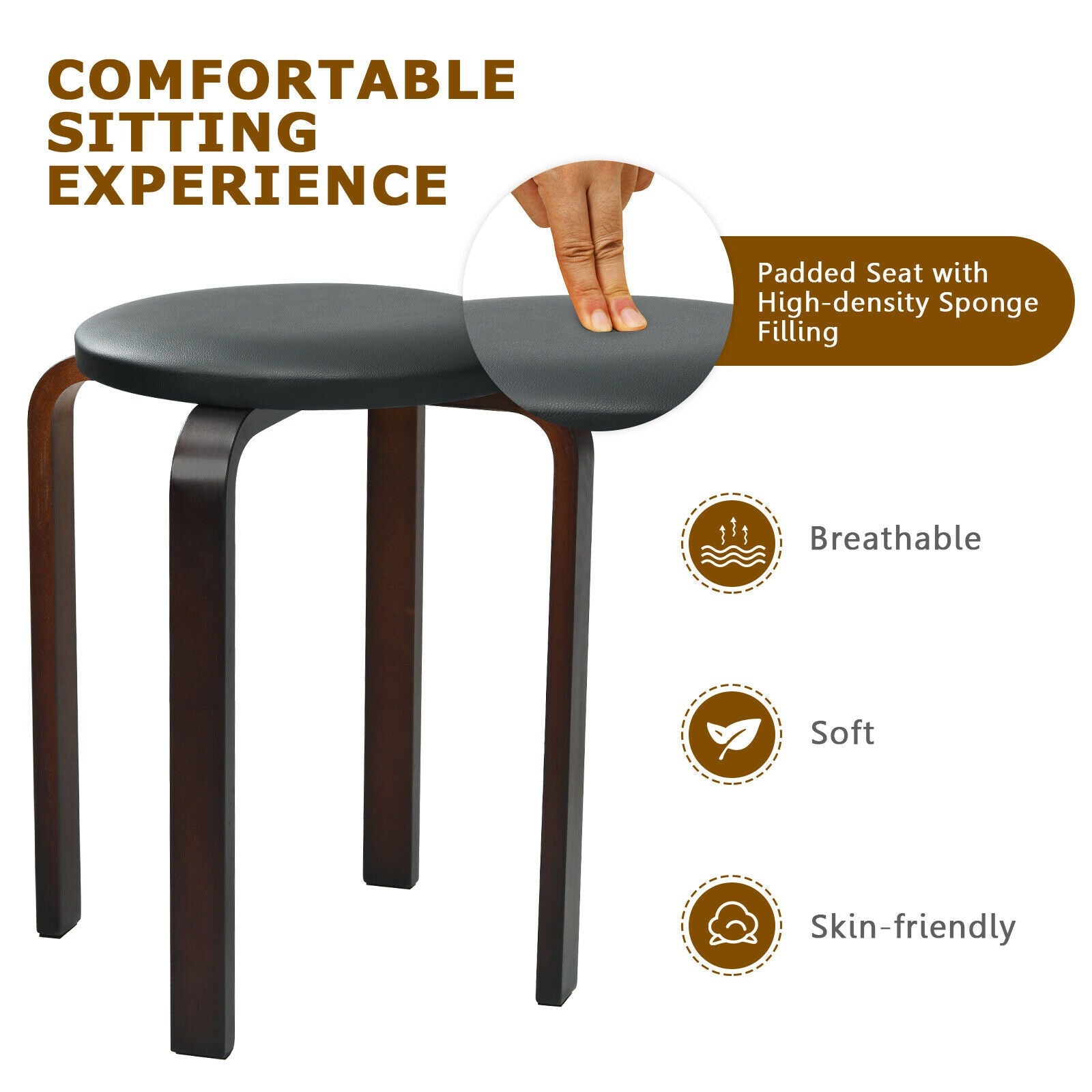 Set of 4 Bentwood Round Stool Stackable Dining Chairs with Padded Seat-Black